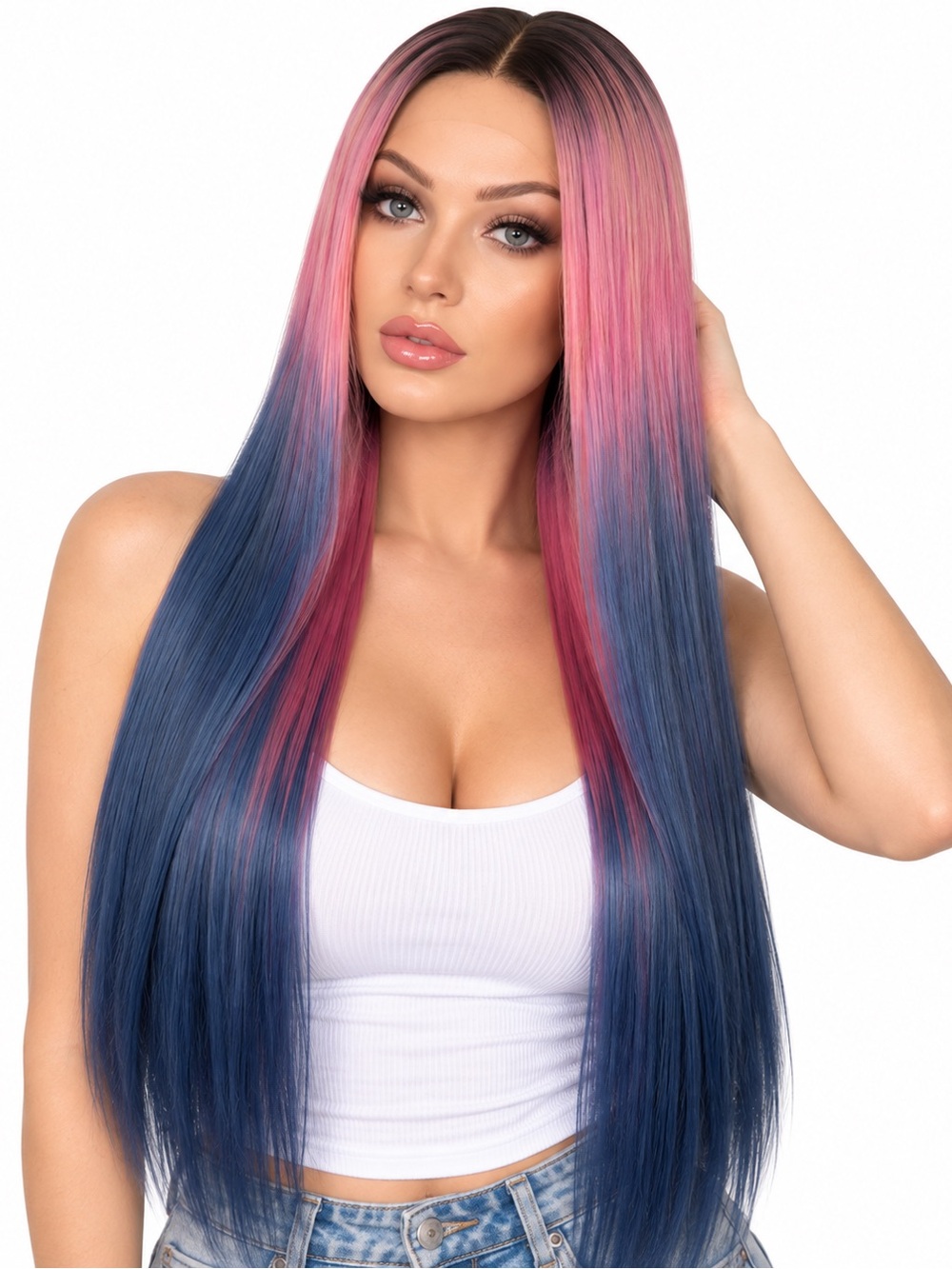 Long Straight Pink to Blue Ombre Wig - Sleek Women's Hair